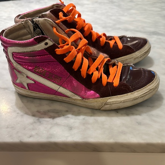 Golden Goose Pink and Orange High-Top Sneakers - Picture 1 of 4